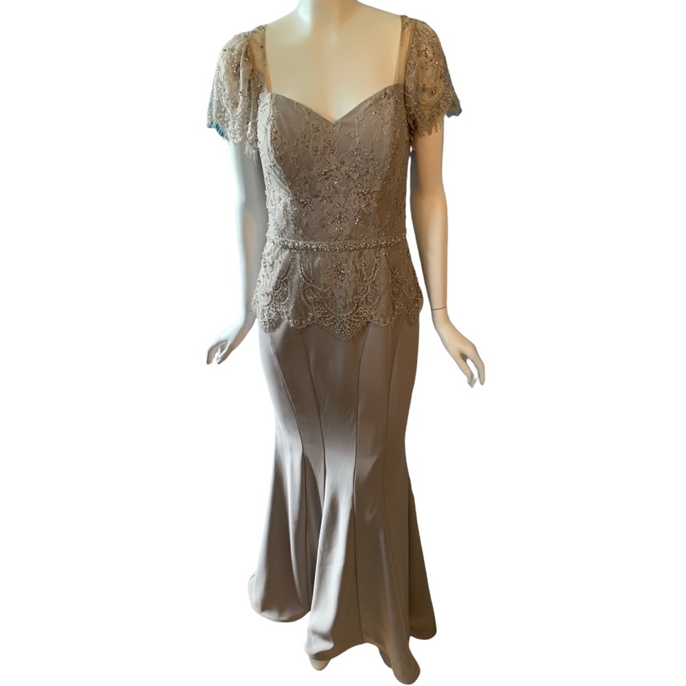 Montage by Mon Cheri Formal Gown Champagne Beaded Bust & Sleeve Satin Skirt - 6